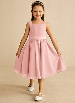 Azazie Ari Blumenmädchenkleider A-Linie ärmellos Chiffon Kleid Rosettenrosa image2
