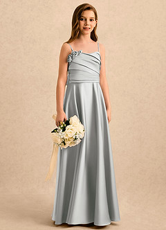 Azazie Gracie Girls Formal Robe Demoiselle D'honneur Fillette Robe Trapèze en Satin extensible Encolure en Forme de Cœur Argent image3