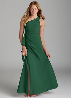 Azazie Maive Junior Dark Green A-Line Pleated Chiffon Dress image1