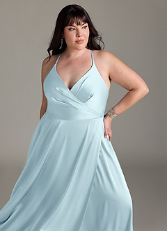 Azazie Davis Bridesmaid Dresses Cloud Blue A-Line Pleated Stretch Satin Dress image6