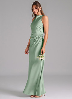 Azazie Evadne Bridesmaid Dresses Agave A-Line Pleated Stretch Satin Dress image1