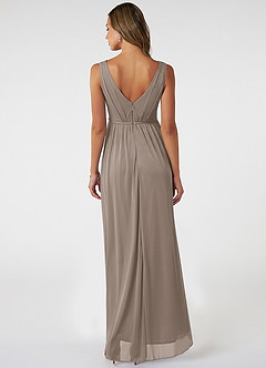 Azazie Tanicia Bridesmaid Dresses Taupe A-Line V-Neck Pleated Mesh Dress image2