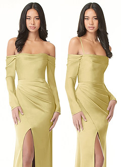Azazie Hallie Bridesmaid Dresses Lemon Sorbet Sheath Off-The-Shoulder Long Sleeve Stretch Satin Convertible Dress image8