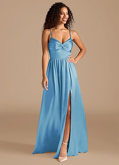 Azazie Zeya Bridesmaid Dresses Steel Blue A-Line Pleated Metallic Satin Dress image1