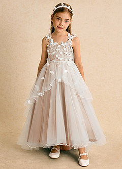 Azazie Darlina Abiti da Ragazza di Fiori Abito Principessa in Tulle Pizzo Avorio Rosa Inglese image5