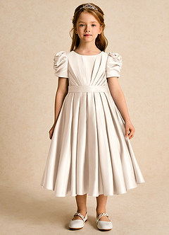 Azazie Miriam Flower Girl Dresses White Alabaster Ball-Gown Pleated Matte Satin Dress image4