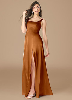Azazie Joyce Bridesmaid Dresses Copper A-Line Side Slit Metallic Satin Dress image3