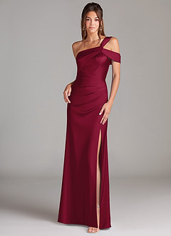 Azazie Wynter Jurken voor bruidsmeisjes Jurk van Stretch Satijn met Kolom Off the Shoulder Bourgondië image1