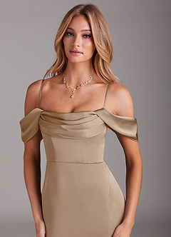 Azazie Saige Bridesmaid Dresses Taupe Mermaid Off the Shoulder Stretch Satin Dress image2
