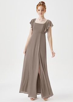 Azazie Bondi Junior A-Linie Seitliche Cut-Outs Gittergewebe Kleid Taupe image3