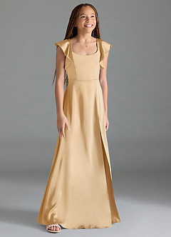 Azazie Bondi Junior Gold A-Line Side Slit Stretch Satin Dress image3