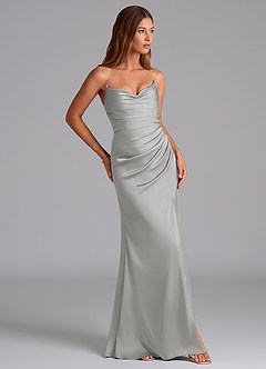 Azazie Claudelle Vestidos de madrinha de casamento Vestido Prata de Cetim elástico de sereia com Sem alças image4