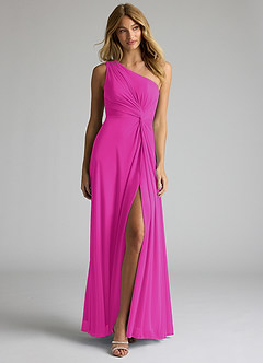 Azazie Brooke Bridesmaid Dresses Fuchsia A-Line One Shoulder Mesh Dress image4