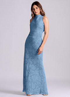 Azazie Evadne Final Sale Steel Blue Sheath Pleated Floral Burnout Dress image4