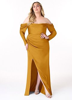 Azazie Hallie Bridesmaid Dresses Butterscotch Sheath Off-The-Shoulder Long Sleeve Stretch Satin Convertible Dress image9