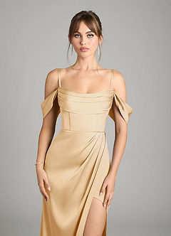 Azazie Johana Bridesmaid Dresses Gold Mermaid Off the Shoulder Stretch Satin Convertible Dress image4