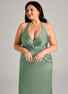 Azazie Valerie Vestidos de damas de honor Vestido de Matcha de Satén Elástico de Corte Sirena con Plisado image13