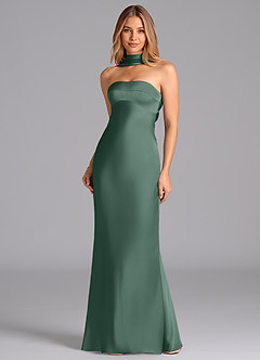 Azazie Lusinda Vestidos de damas de honor Vestido de Eucalipto de Satén Elástico de Corte Sirena con Sin tirantes image4