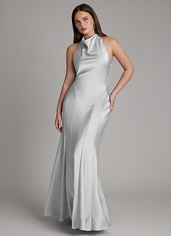 Azazie Sahara Bridesmaid Dresses Silver A-Line Pleated Stretch Satin Dress image1
