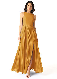 Azazie Lindie Bridesmaid Dresses Butterscotch A-Line Scoop Pleated Chiffon Dress image1