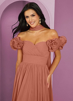 Barbie ♥ Azazie Suknie dla druhen Rozkloszowana sukienka z odkrytymi ramionami, falbaną i rozetkami image5