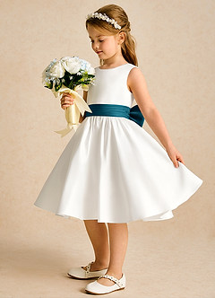 Azazie Sosie Flower Girl Dresses Ivory Ink Blue A-Line Pleated Matte Satin Dress image3