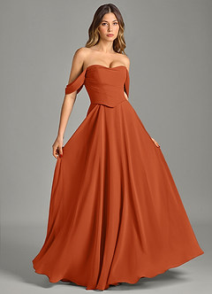 Azazie Chelsey Abiti da Damigella Abito Convertibile A-Line in Chiffon a Spalla Scoperta Arancia Bruciata image5