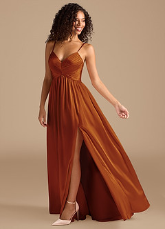 Azazie Alia At-home Try On Dresses Auburn A-Line Pleated Metallic Satin Dress image2
