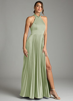 Azazie Zienna 신부 들러리 드레스 A라인 주름진 스트레치 새틴 바닥 길이 드레스 image1