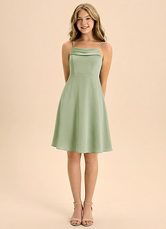 Azazie Anselie Junior Jurk van Stretch Satijn met A-Lijn Geplooid Stoffige Salie image5