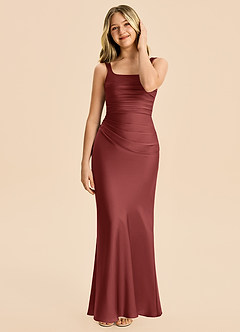 Azazie Agustina Junior Terracotta Sheath Pleated Stretch Satin Dress image3