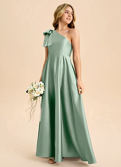 Azazie Penguin Junior Agave A-Line Bow Stretch Satin Dress image6