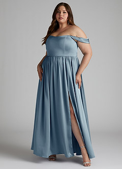 Azazie Morana Jurken voor bruidsmeisjes Converteerbaar Jurk van Stretch Satijn met A-Lijn Off the Shoulder Stoffig Blauw image12