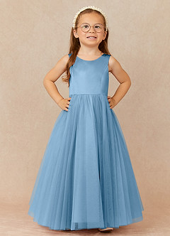Azazie Muni Blumenmädchenkleider A-Linie Schleifen Tüll Kleid Stahlblau image1