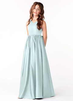 Azazie Hathaway Junior Sea Glass A-Line Bow Stretch Satin Dress image3