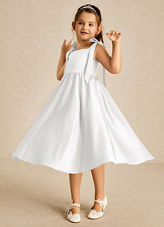 Azazie Chelsie vestidos de niña de las flores Vestido de Blanco de Satin Mate de Corte en A con Lazo image3