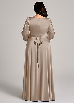 Azazie Leonia Bridesmaid Dresses Taupe A-Line Long Sleeve Stretch Satin Dress image6