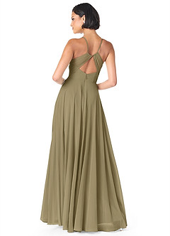 Azazie Avelina Robes de demoiselle d'honneur Robe Trapèze en Mousseline de soie Col V plissé Vert Mousse image2