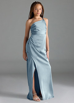 Azazie Eren Junior Robe Fourreau en Satin extensible Plissée Bleu Poussiéreux image4