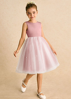 Azazie Esme vestidos de niña de las flores Vestido Rosa Polvorienta de Tul de Corte Princesa con Lazo image3