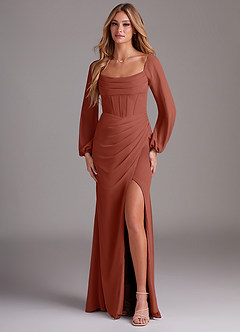 Azazie Charissa Robes de demoiselle d'honneur Robe Fourreau en Mousseline de soie Manches longues Auburn image1