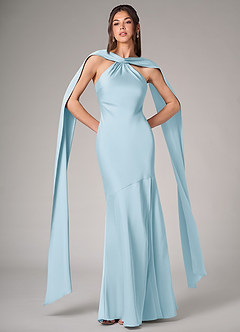 Azazie Kinsley Vestidos de madrinha de casamento Vestir Céu Azul de Cetim elástico de sereia com Fenda Lateral image1
