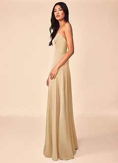 Azazie Mei Bridesmaid Dresses Gold A-Line V-Neck Stretch Satin Dress image4