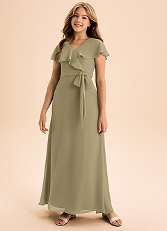 Azazie Lainey Junior Abito A-Line in Chiffon Con Tasche Verde Muschio image4
