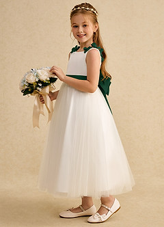 Azazie Lilli Blumenmädchenkleider A-Linie Schleifen Tüll Kleid Elfenbein Dunkelgrün image4
