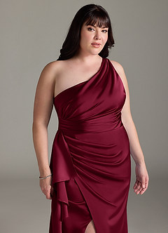 Azazie Maive Bridesmaid Dresses Burgundy Sheath Ruched Stretch Satin Dress image11