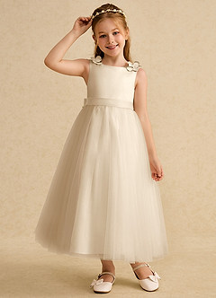 Azazie Lilli Robe Demoiselle D'honneur Fillette Robe Trapèze en Tulle Arc Champagne Champagne image5