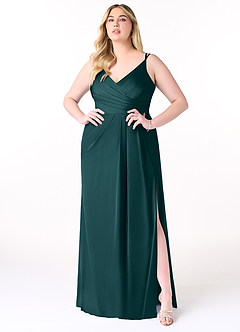 Azazie Aqua Bridesmaid Dresses Pine A-Line V-Neck Pleated Stretch Satin Dress image8