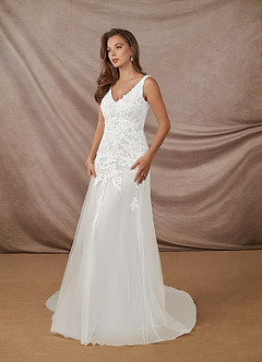 Azazie Bess Wedding Dresses Diamond White Sheath Sequins Tulle Dress image3