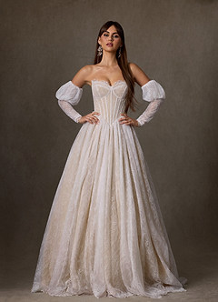 Azazie Sienna Robes de mariée Robe Trapèze en Dentelle Encolure en Forme de Cœur Diamant Blanc Champagne image3